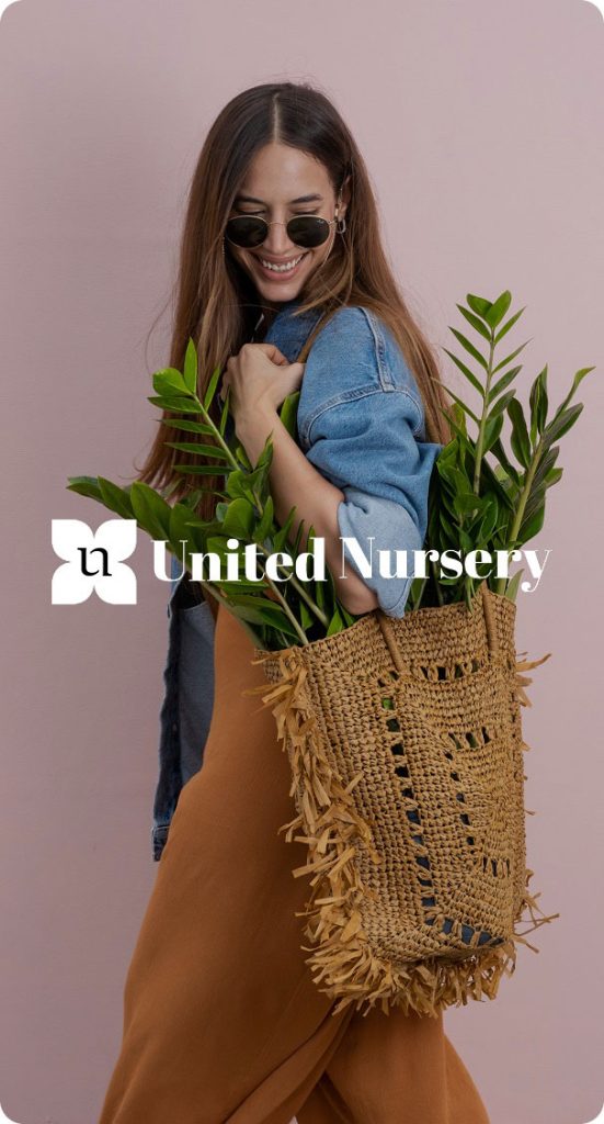 Woman carrying indoor plants in a woven bag with United Nursery branding, representing plant lifestyle and gardening culture in Miami - web design by WebDesignMiamiCompany