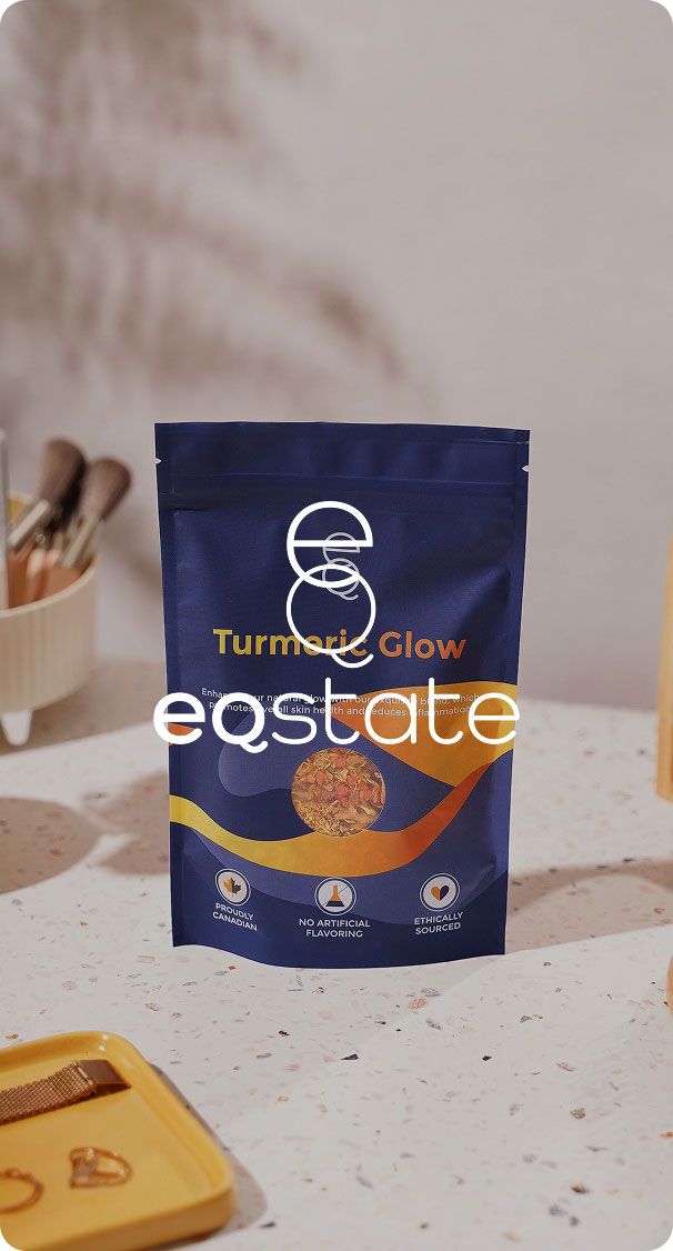 turmeric glow supplement pouch on countertop with minimal lifestyle setting, natural wellness product and health supplement packaging