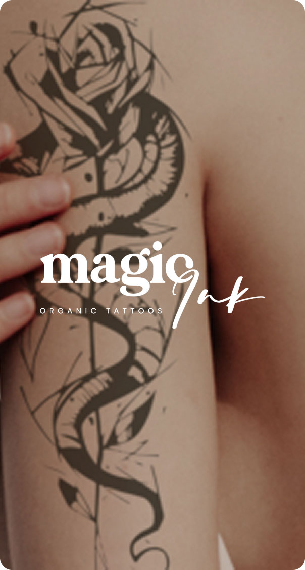 arm with snake and rose tattoo design in black ink fine line style