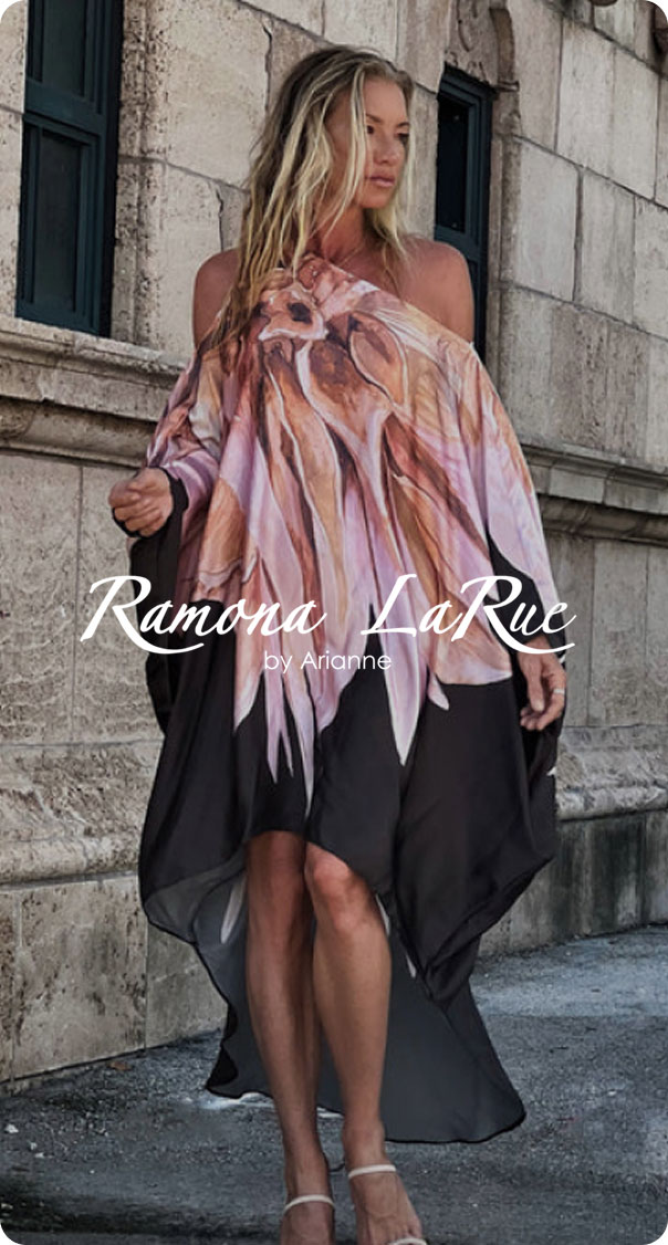 woman wearing flowing designer dress walking near stone building, luxury fashion street style concept