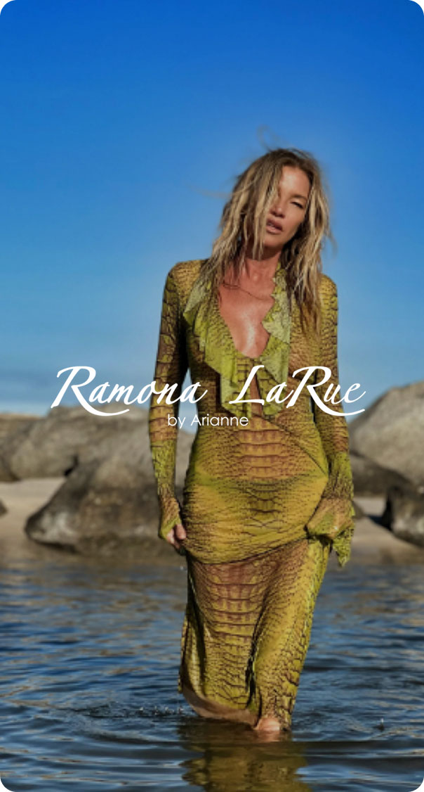 woman wearing green patterned dress walking in shallow ocean water, luxury resort wear fashion concept