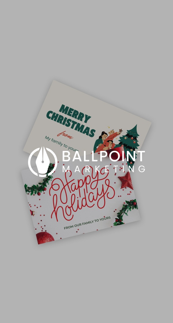 two christmas greeting cards with festive design on light background
